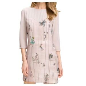 Ted Baker Shift Dress Size 2 Nude Circus Print Sleeve Spring Wedding Guest Dress